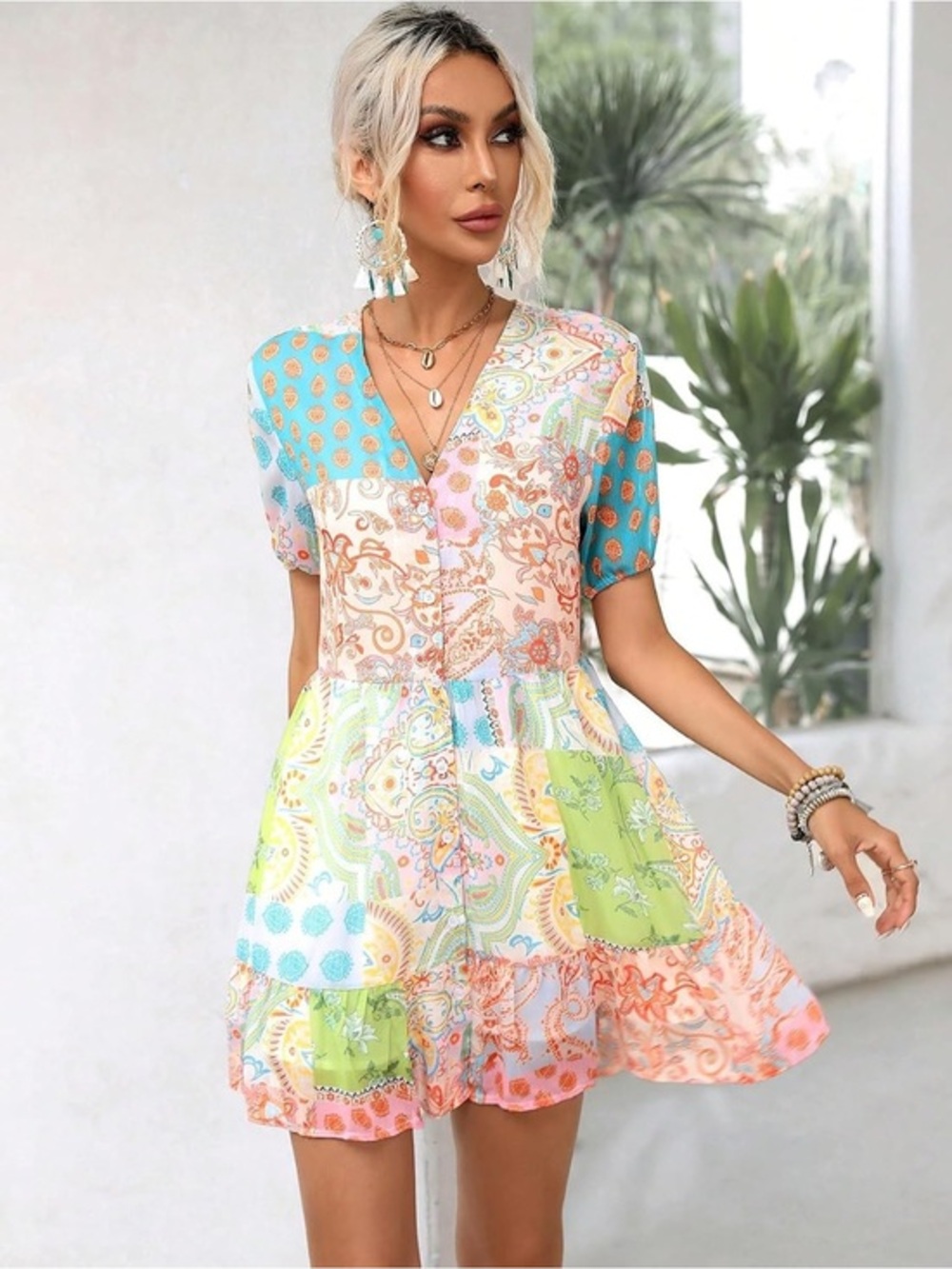 🌸 SHEIN Bohemian Floral & Paisley Patchwork Mini Dress | V-Neck Short Sleeve 🌸